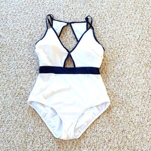Marilyn Monroe one piece bathing suit with cutout back, White/Navy.  Size L